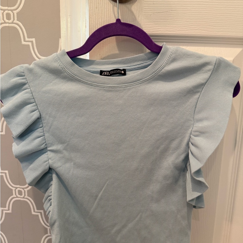 Zara Light Blue Ribbed Ruffle Sleeve Tee